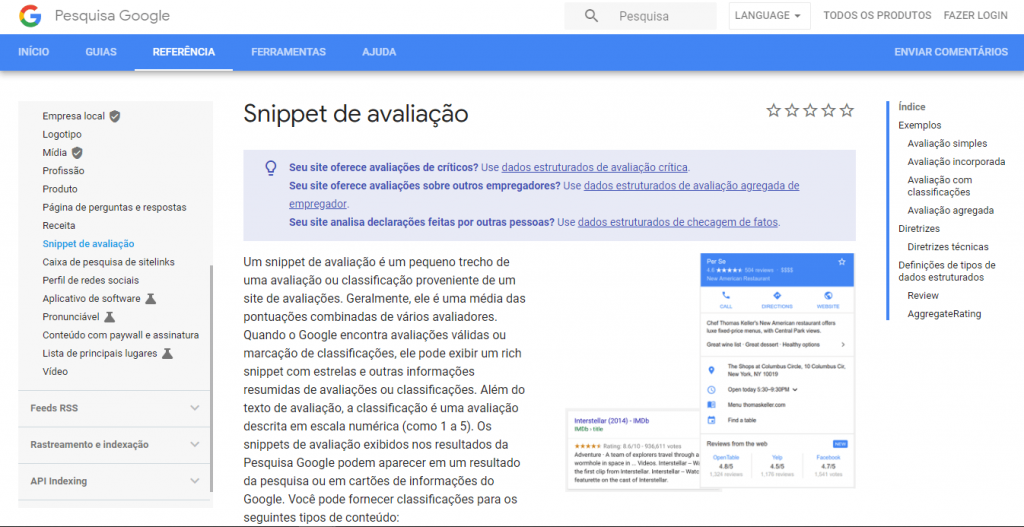 Snippet de avaliação no Google